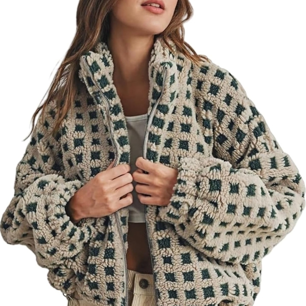 Women Y2k Plaid Jacket Fuzzy Zip Up Long Sleeve Warm Oversized Fall Winter Sherp